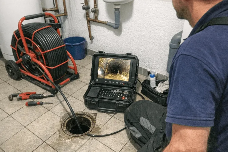 Techniker betrachtet bei der Rohrdiagnose per Kamerainspektion den Monitor mit dem Inneren eines Rohrs.