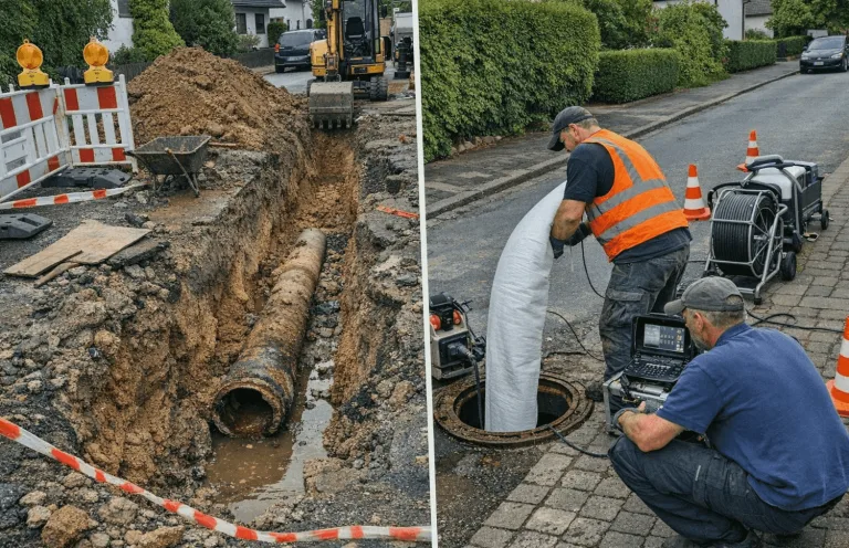 Techniker setzt Inliner ein und weitet ihn im beschädigten Abwasserrohr auf.