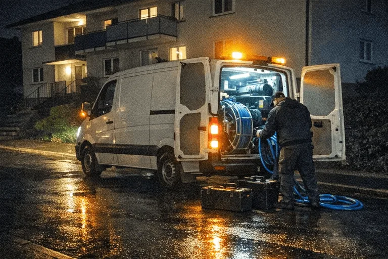 Nachtlicher Notdiensteinsatz eines Rohrreinigungsteams vor einem Wohnhaus