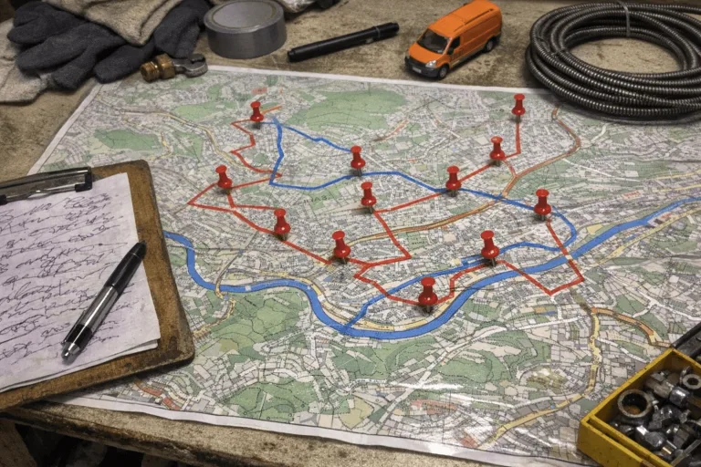 Stadtplan von Wuppertal mit Pins für abgeschlossene Rohrreinigungen und Notdiensteinsätze