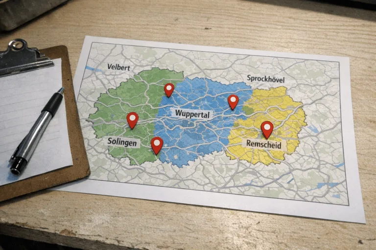 Kartenübersicht des Einsatzgebiets von Bargetz Rohrreinigung rund um Wuppertal