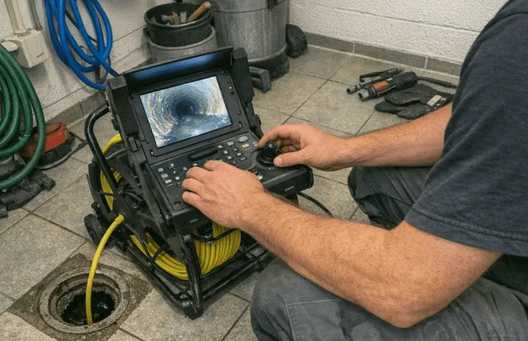 Techniker bei der Reinigung einer Abwasserleitung im Keller