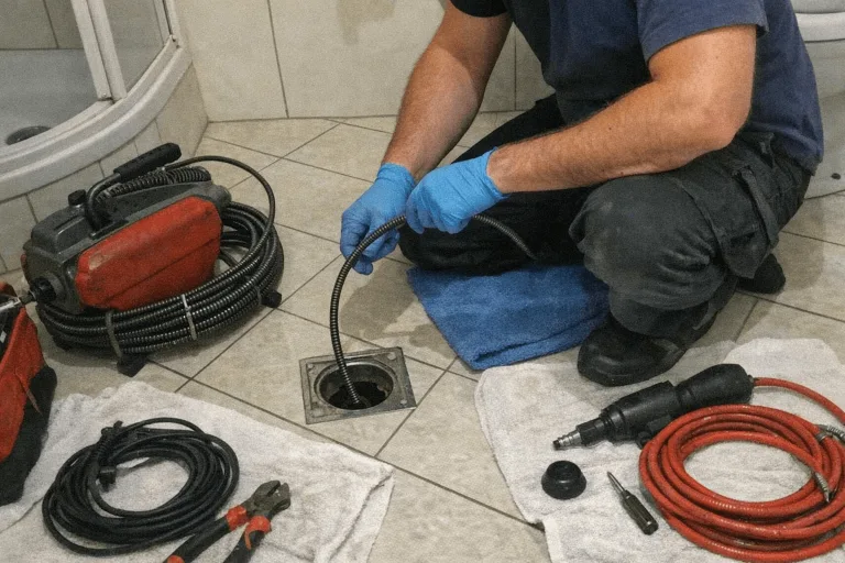 Techniker bei der Reinigung eines sauberen Bodenablaufs