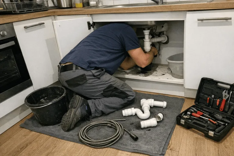 Techniker bei der Abflussreinigung unter einer Küchenspüle