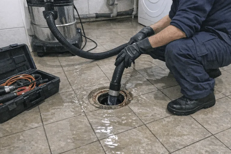 Notfall-Rohrreiniger beseitigt stehendes Wasser auf überflutetem Boden bei Serviceeinsatz in Hastberg.