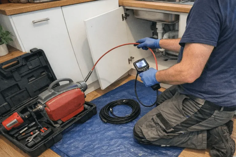 Techniker reinigt verstopftes Rohr in sauberem Badezimmer einer Wohnung in Dönberg